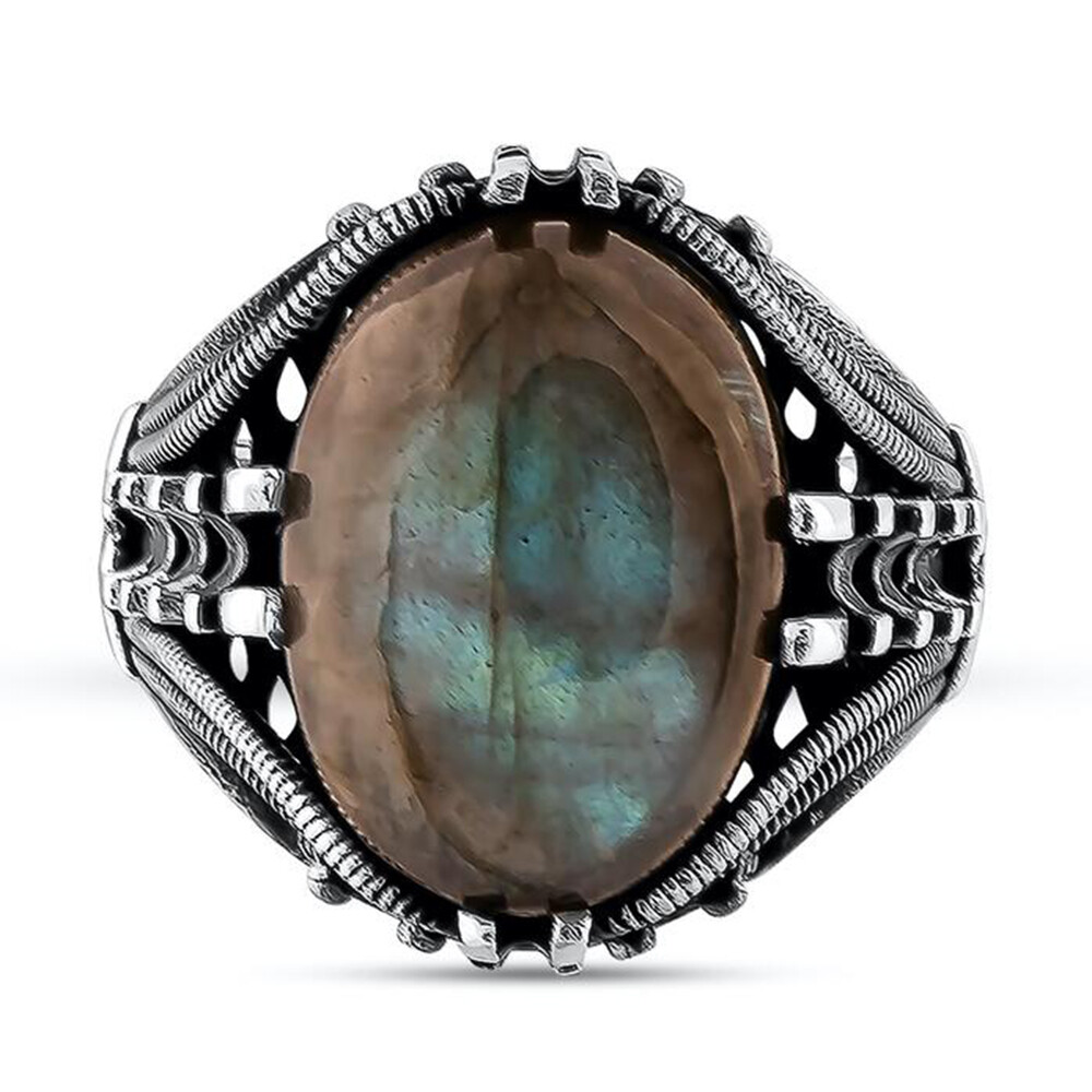 Solid 925 Sterling Silver Natural Labradorite Stone Men's Ring