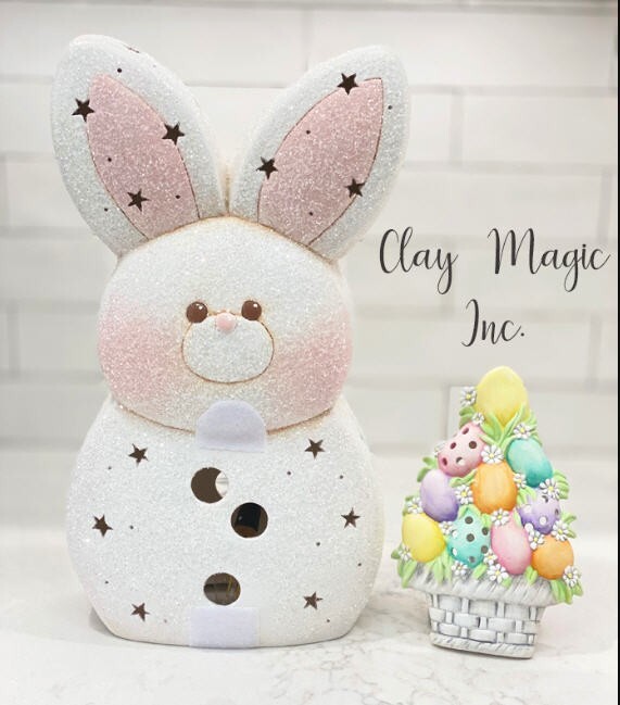 Ceramic Bisque ~ Ready to Paint Large~ Marshmallow Bunny with Egg Stack~ Lighted