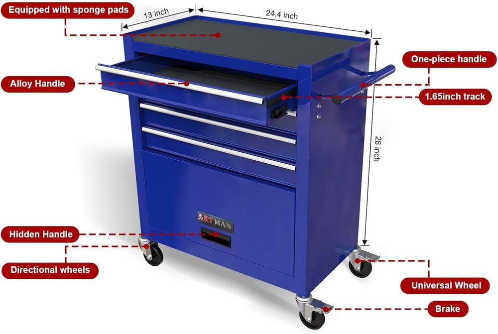 Tool Chest with 233 Pcs Tool Sets, 4-Drawer Blue Tool Cabinet - Rolling Tool C