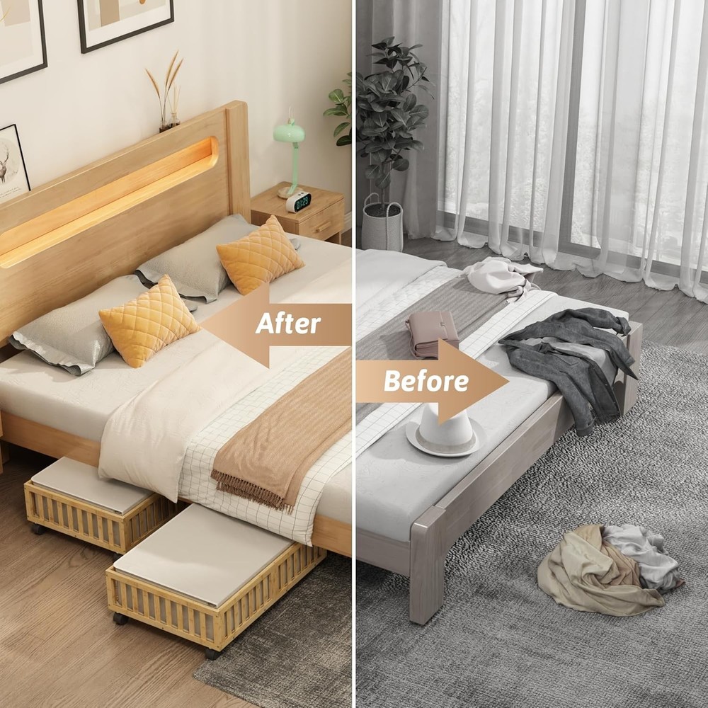 Rolling Under Bed Storage Containers with Wheels 2 Pack Bamboo Shoe Organizer