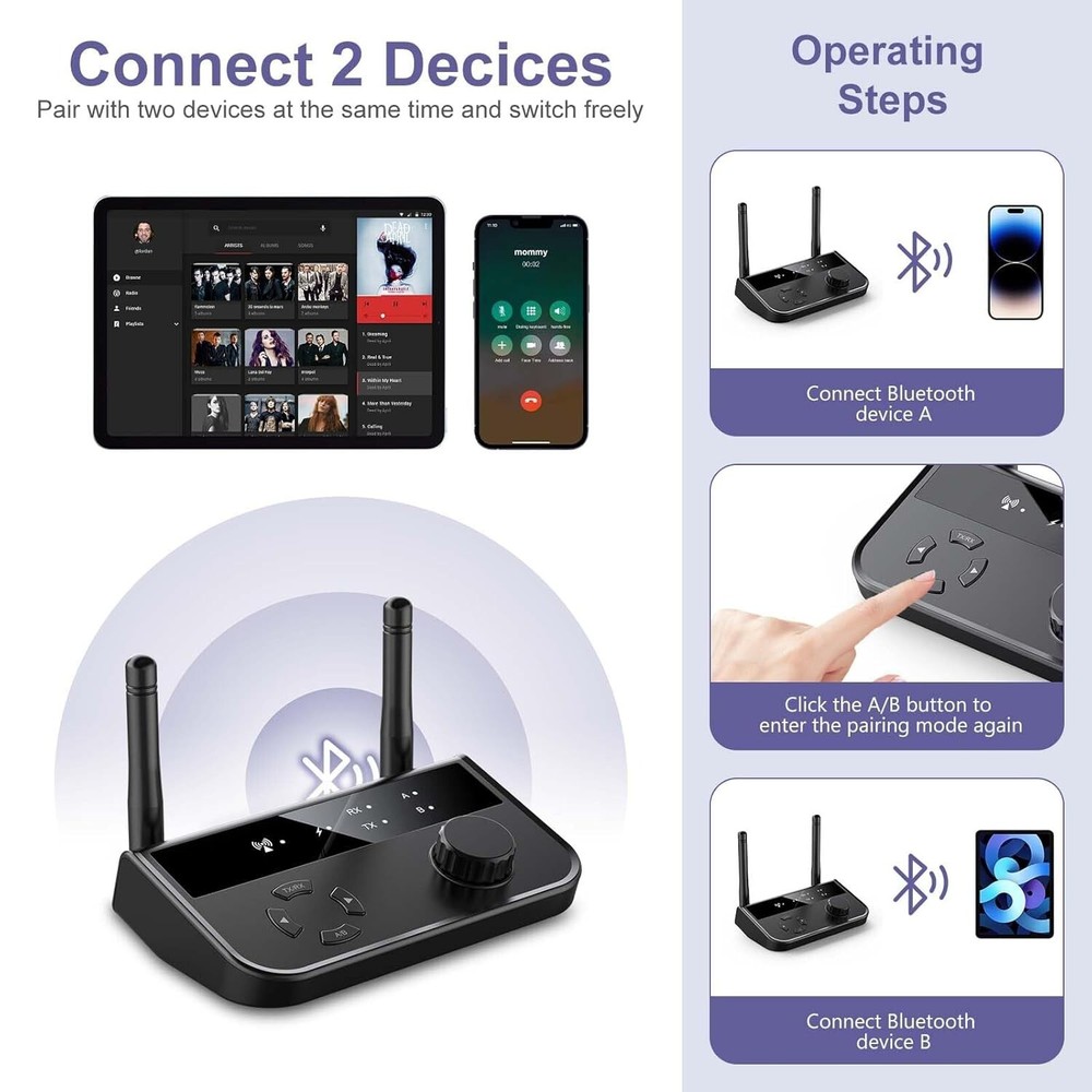 Bluetooth 5.3 Transmitter Receiver, Dual Connection Bluetooth Audio Adapter,