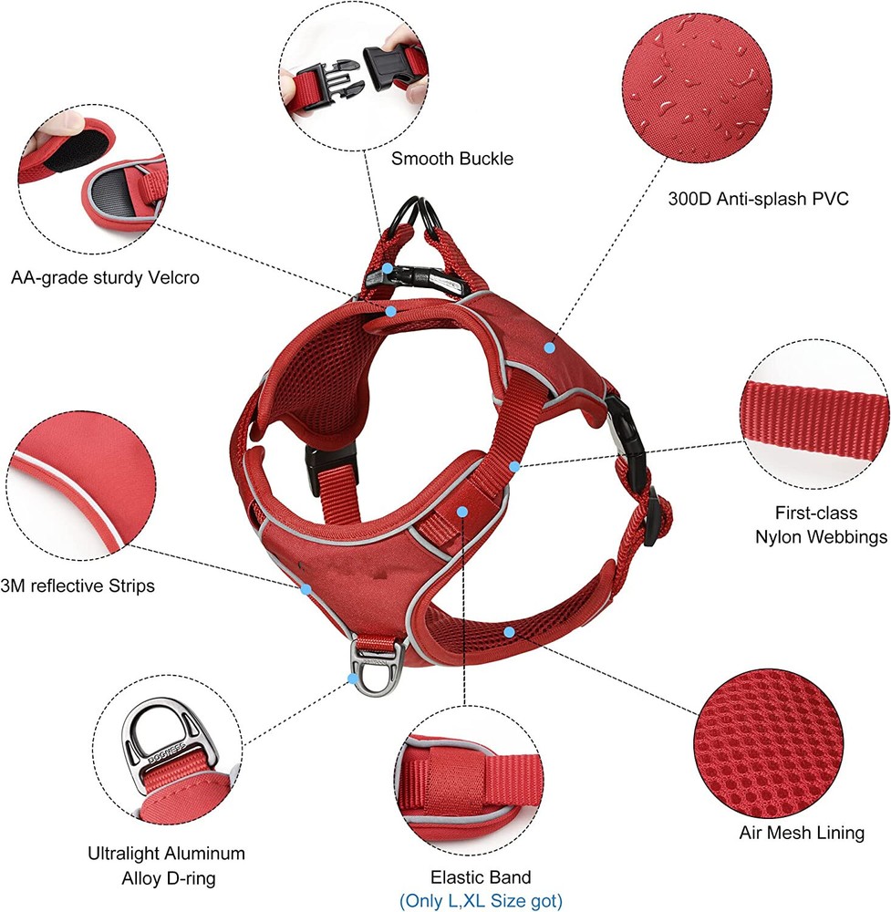 Dog Harness, No Pull Adjustable Reflective Dog Vest Harness, Soft (Red,Size:L)