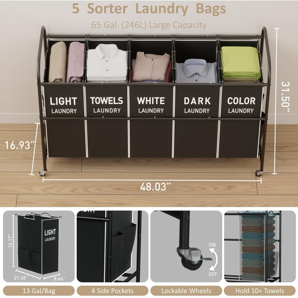 5-Section Laundry Sorter Cart, Large Laundry Hamper with Lockable Rolling Whe