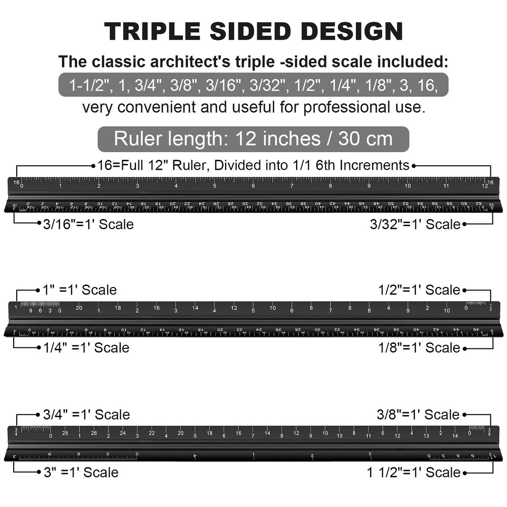 Professional 12" Triangular Architectural Ruler - Durable Aluminium Construction