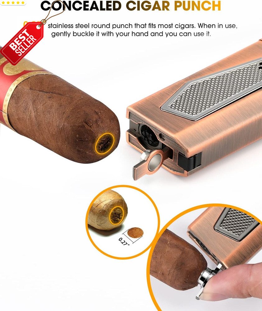 4 Jet Torch Cigar Lighter Windproof Refillable Punch Holder Draw Enhancer - US
