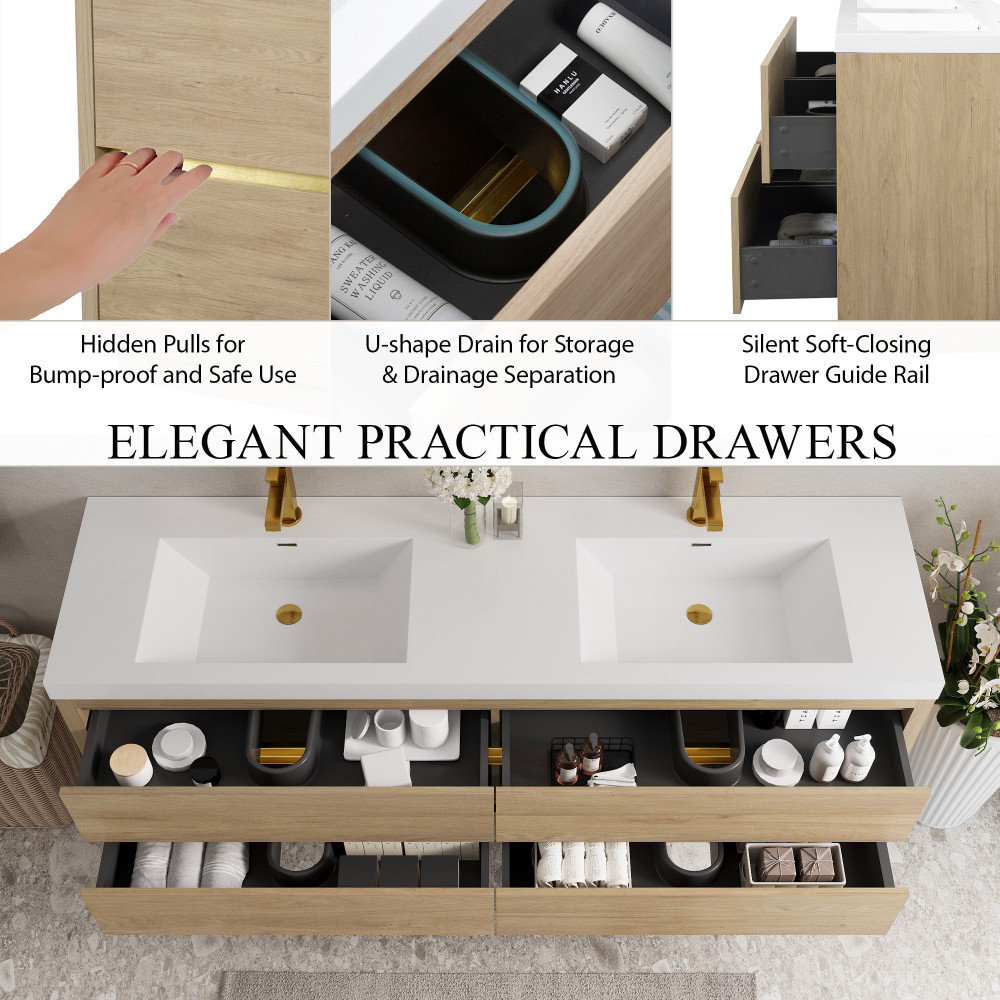 72" Floating Wall-Mount Vanity w/ Sink, Soft-Close Drawers, Pre-Assembled