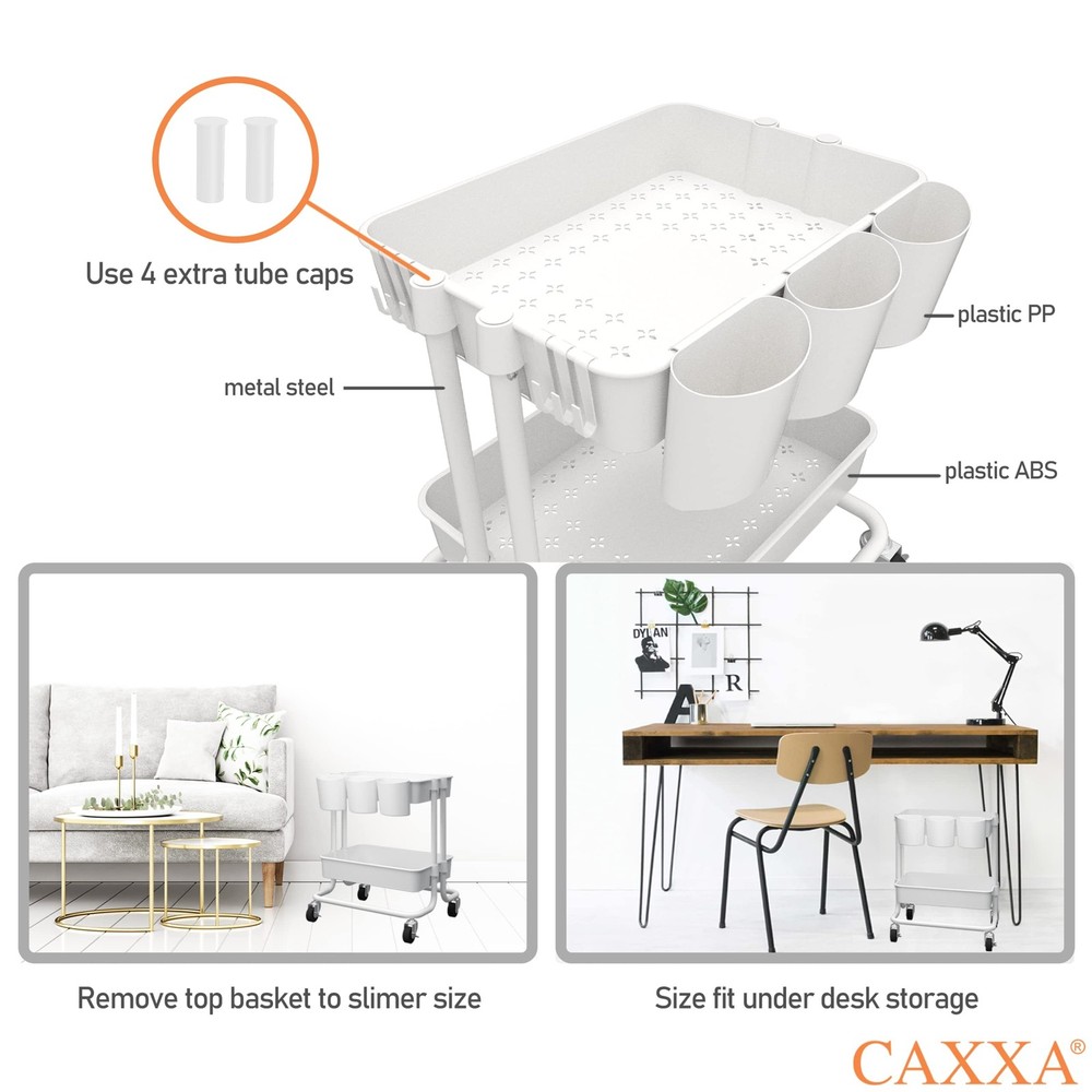 CAXXA 3-Tier Rolling Storage Organizer with 3 Small Baskets - Mobile Utility ...
