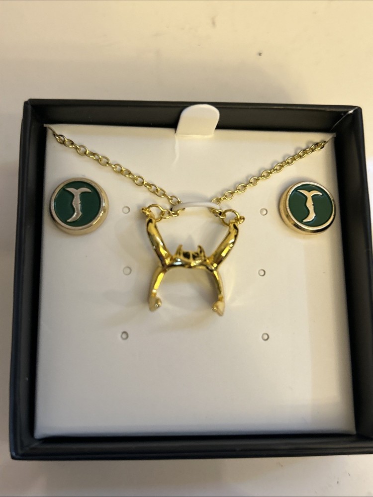Marvel Studios Loki Horns Helmet Necklace & Earring Set  New