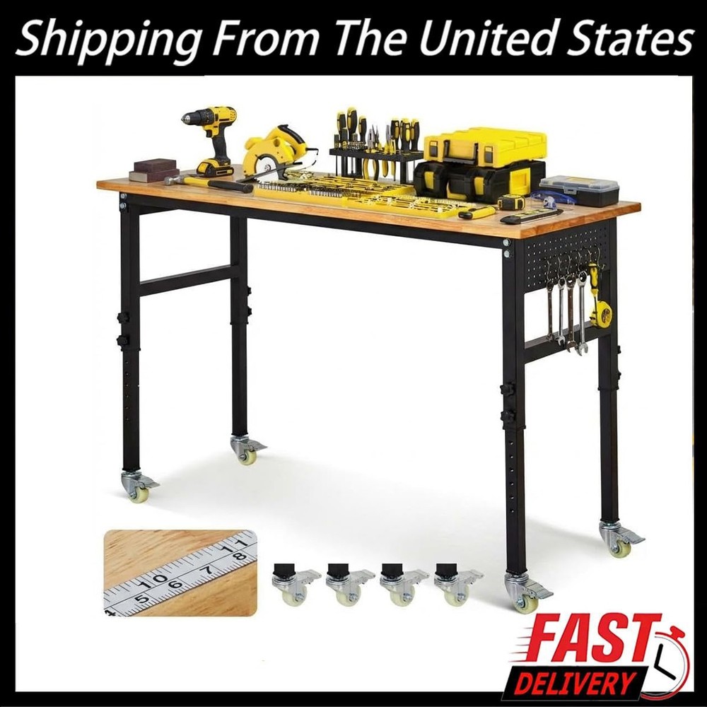 48" Adjustable Workbench 2000Lbs Load Rubber Wood Work Bench w/Pegboard & Wheels