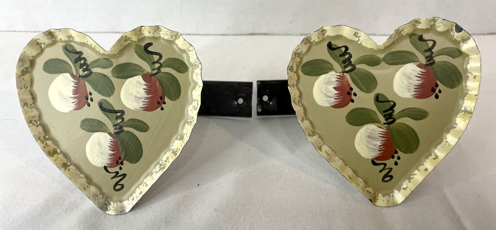Hand Painted Artist Crafted Tin Heart Curtain Pull Backs Two Sets Cottage Core