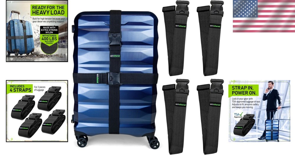 4-Pack Heavy-Duty TSA-Approved Luggage Straps – 6 ft Adjustable Security