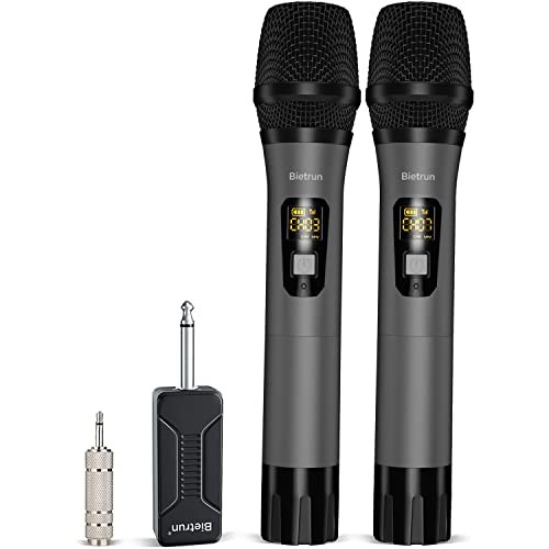 Wireless Microphone, UHF Metal Dual Handheld Cordless Dynamic Mic System Grey