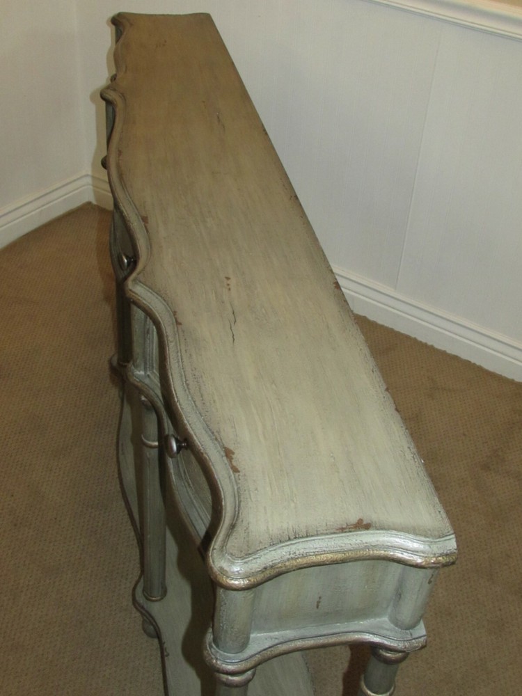 DECORATORS TWO TIER CONSOLE, SOFA TABLE, THREE DRAWERS, GREY FACTORY FINISH
