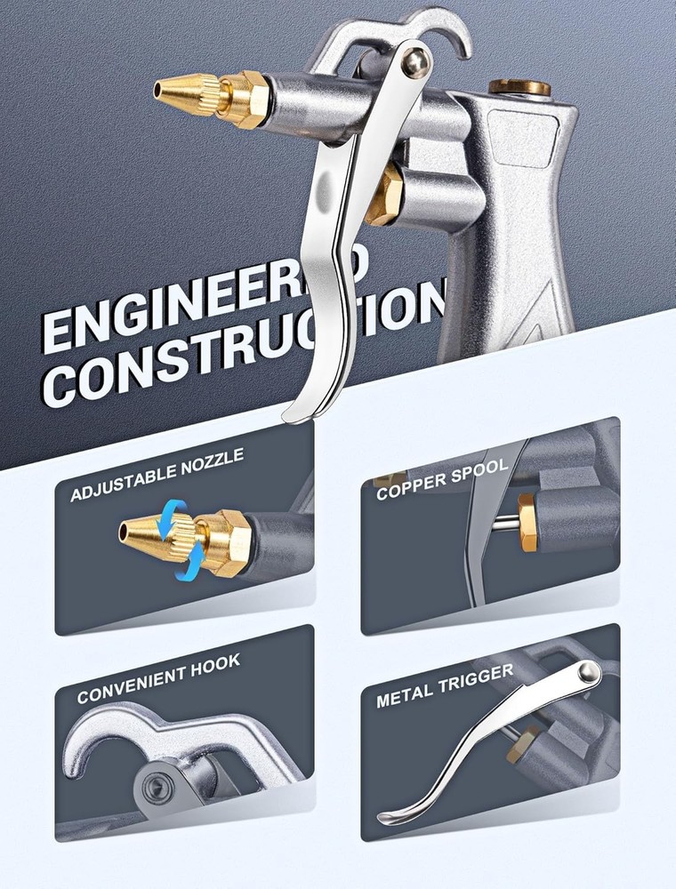 Powerful Air Blow Gun with High Volume Flow & Easy Control, Includes Extensions