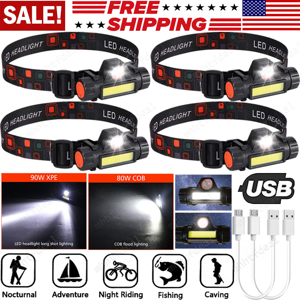 LED Headlamp Headlight USB Rechargeable Waterproof Head Light Flashlight 2 Modes