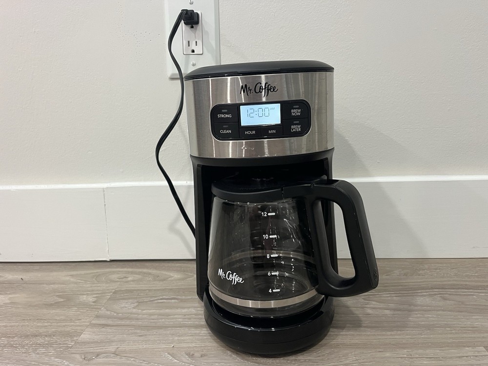 Mr. Coffee 12-Cup Programmable Filter Coffee Machine Black Silver Glass Carafe