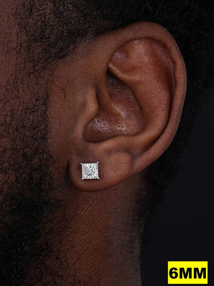 Real Square Princess Stud Earrings Unisex Silver Passes Tester