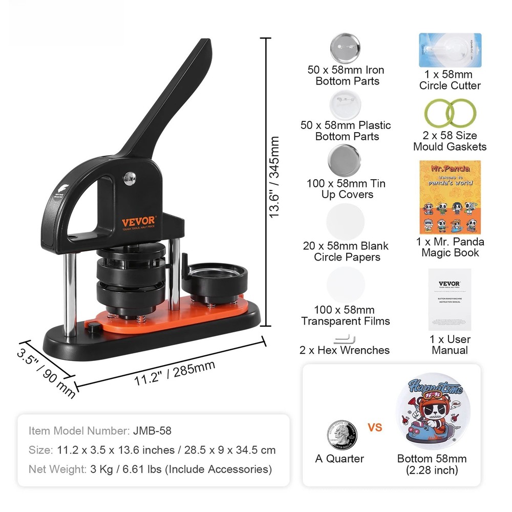Button Maker 25/58Pin Makers w/ Button Part Ergonomic Arc Handle Punch Press Kit