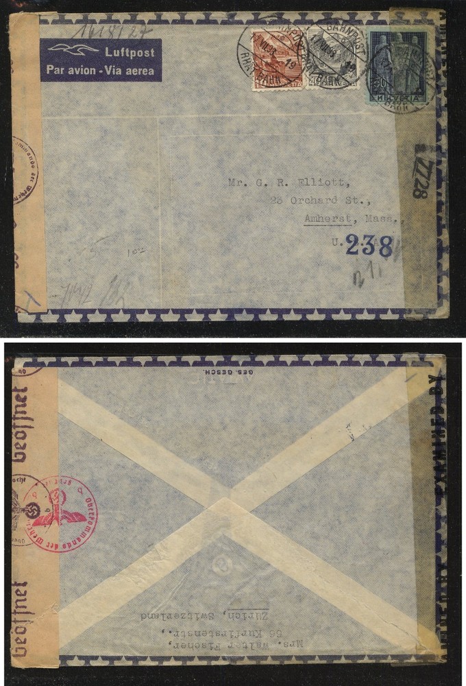 Switzerland  double  censor  cover   to  US      MS0106