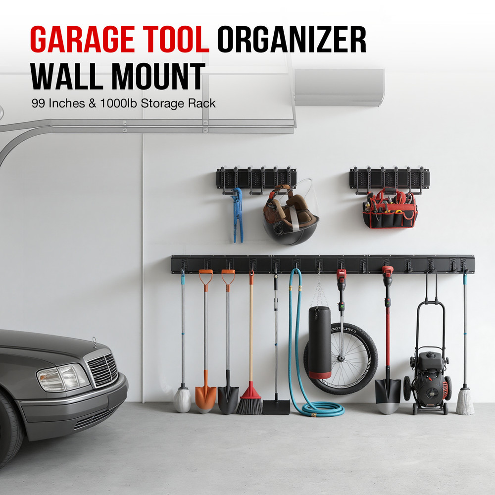 Garage Tool Organizer Wall Mount（6 Rails & 13 Multi-Type Hooks）