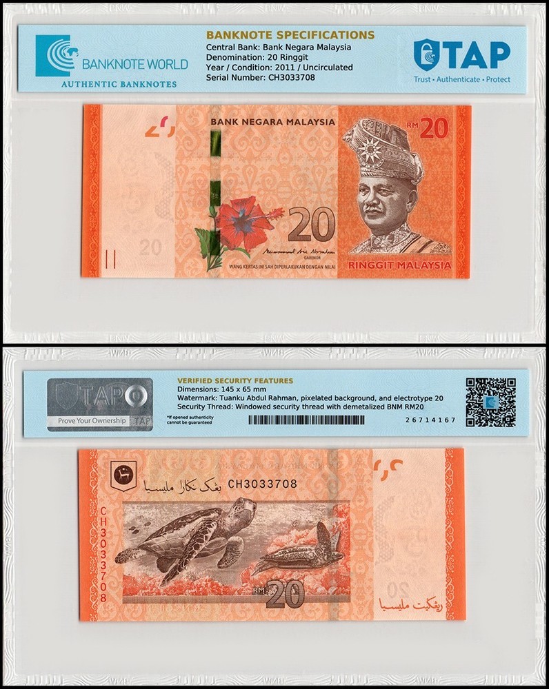 Malaysia 20 Ringgit, 2011 ND, P-54c, UNC, TAP Authenticated