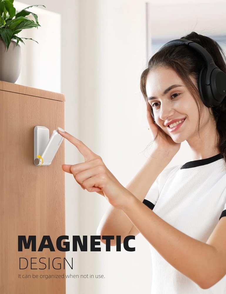 Foldable White Headphone Stand - Strong Adhesive Hook for Clutter-Free Spaces