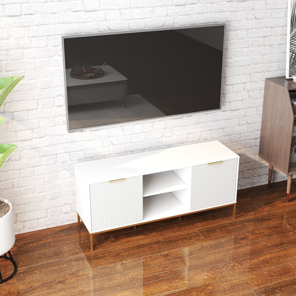 Modern TV Stand with Wave-Design Doors, Open Shelf & Adjustable Shelf White