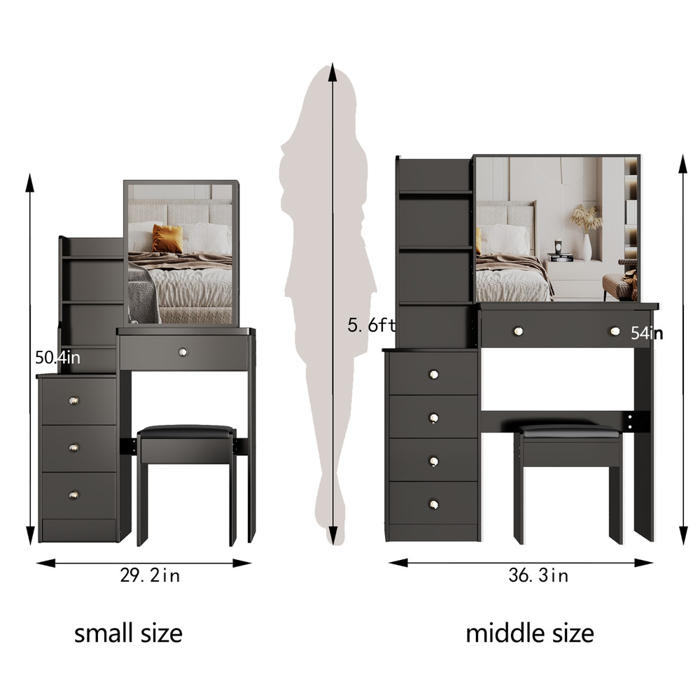 29.2" Small Space Left Bedside Cabinet Vanity Table + Cushioned Stool, Extra Lar