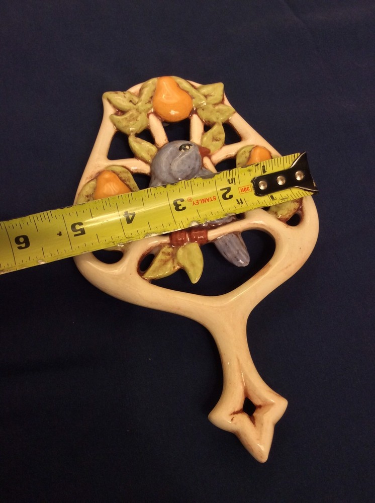 Ceramic Owl Pan Rest Trivet With Bluebird and Pear tree AA