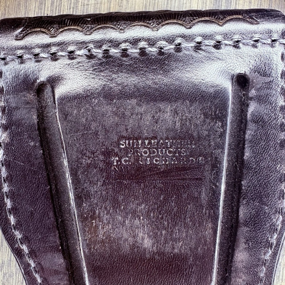Sun Leather Handcuff Case Tooled Basketweave Leather w/ Chrome Snap