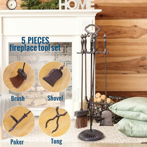 Sungmor 5PCS Cast Iron Fireplace Tools Set Rustic Fire Pit Accessories Holder