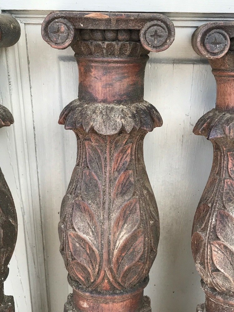 Set of 4 Solid Mahogany Carved Columns and Feet