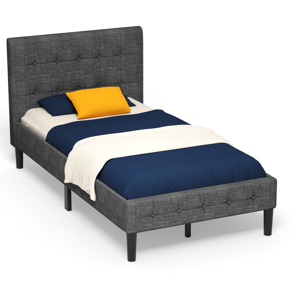 Costway Twin Upholstered Bed Frame Button Tufted Headboard Mattress Foundation