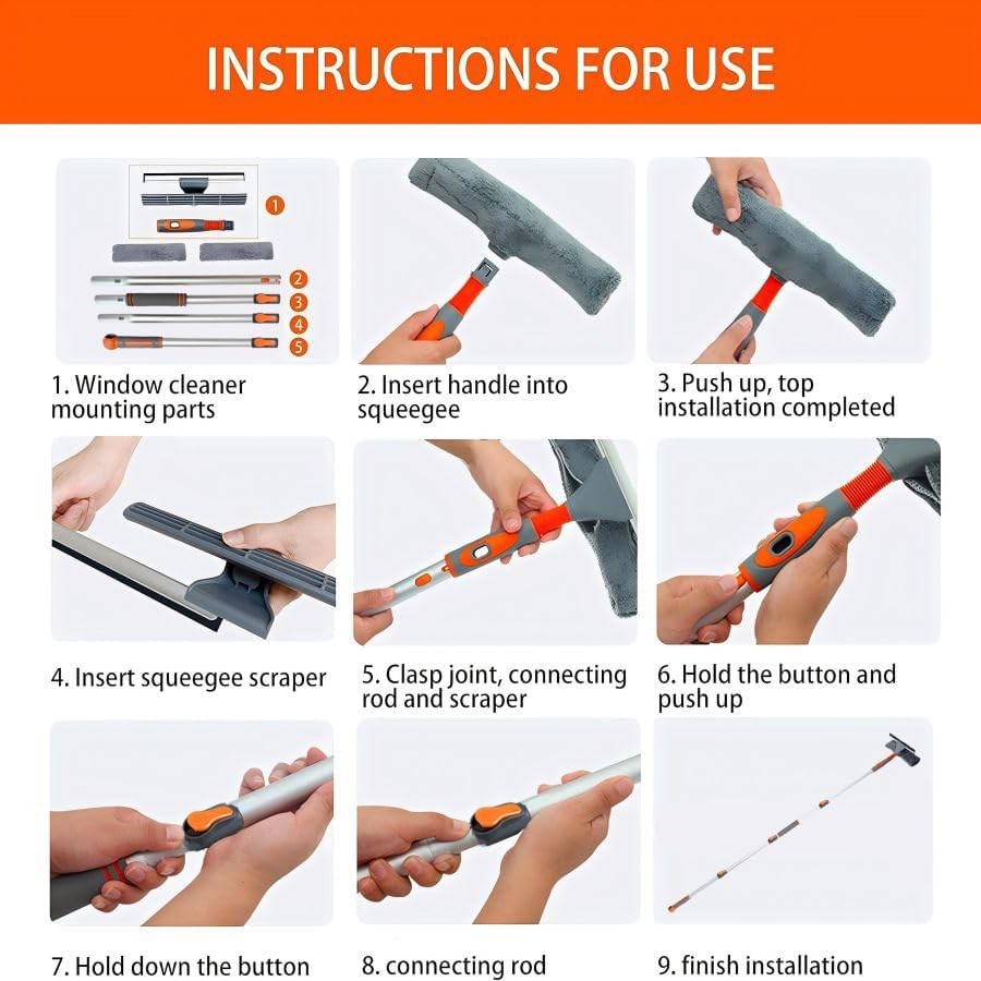 Window & Solar Panel Cleaning Tools, 2-in-1 Squeegee w/ 62" Telescopic Pole
