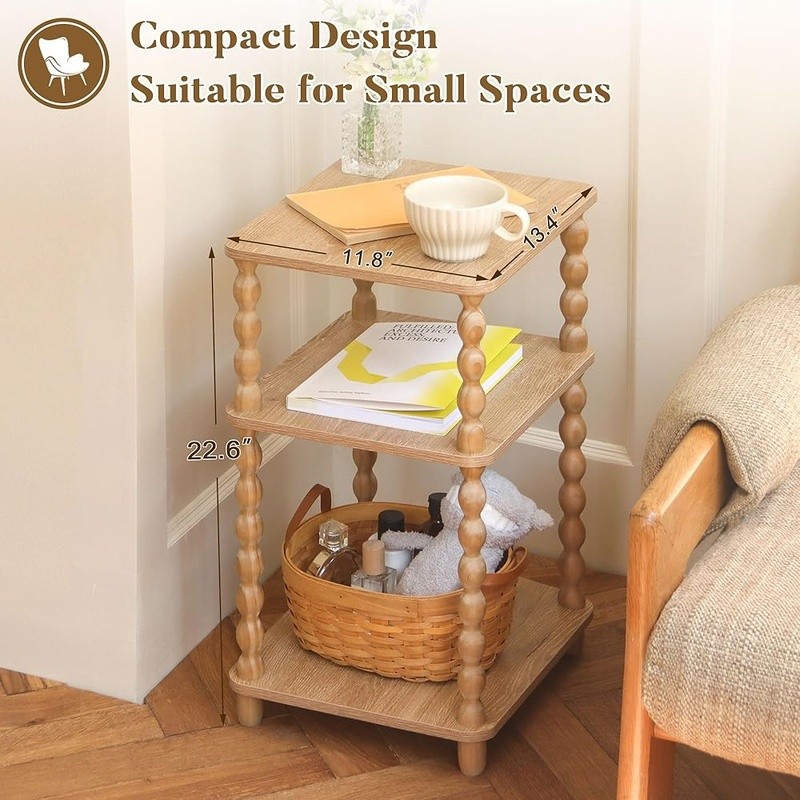 Vintage Side Table 3-Tier Storage Nightstand Compact Design Easy Assembly New