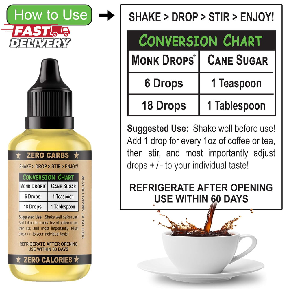 Monk Drops - 100% Monkfruit Liquid Sweetener, Zero Glycemic, Zero Calories, Zero