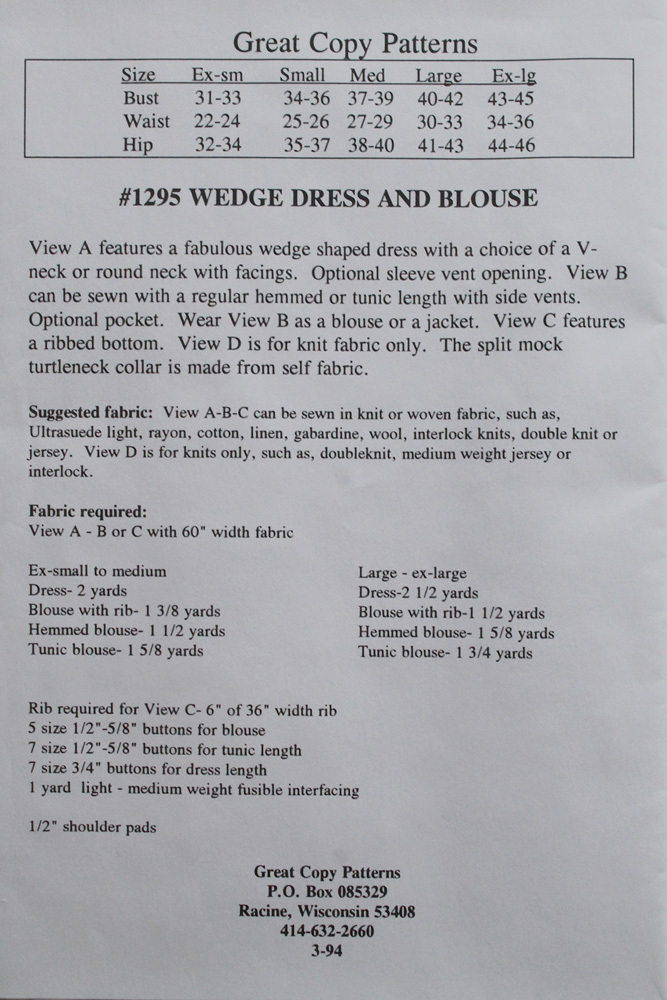 Great Copy 1295 Wedge Dress, Top or Jacket Sewing Pattern (Pattern Only)