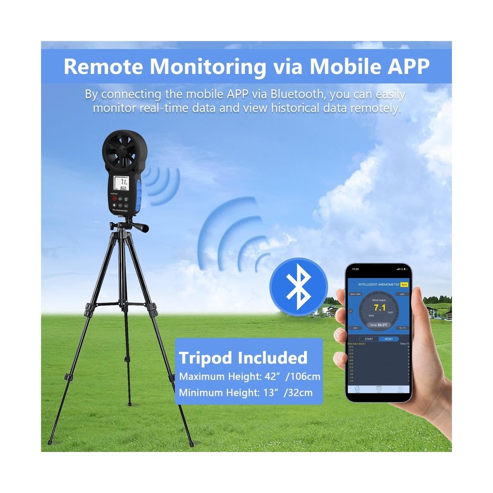HoldPeak Handheld Anemometer Bluetooth with Tripod, Digital Wind Speed Gauge ...
