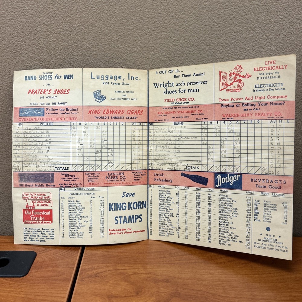1954 Des Moines Bruins Program Scorecard