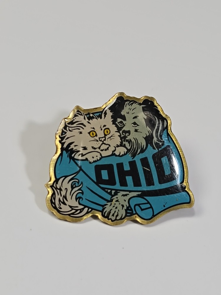 Ohio Kitten & Puppy Souvenir Lapel Pin Blue Background