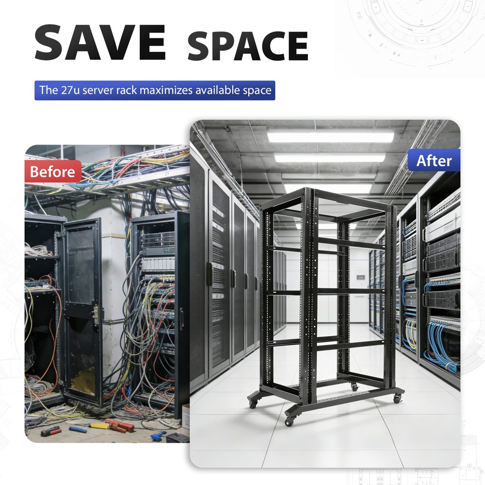 27U 4 Post Open Frame Network Data Server Rack W/ L Rails 22" Adjustable Depth
