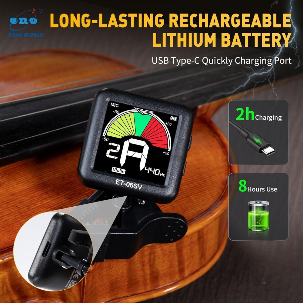 Big Display Rechargeable Clip-On Tuner for String Instruments - Easy to Use