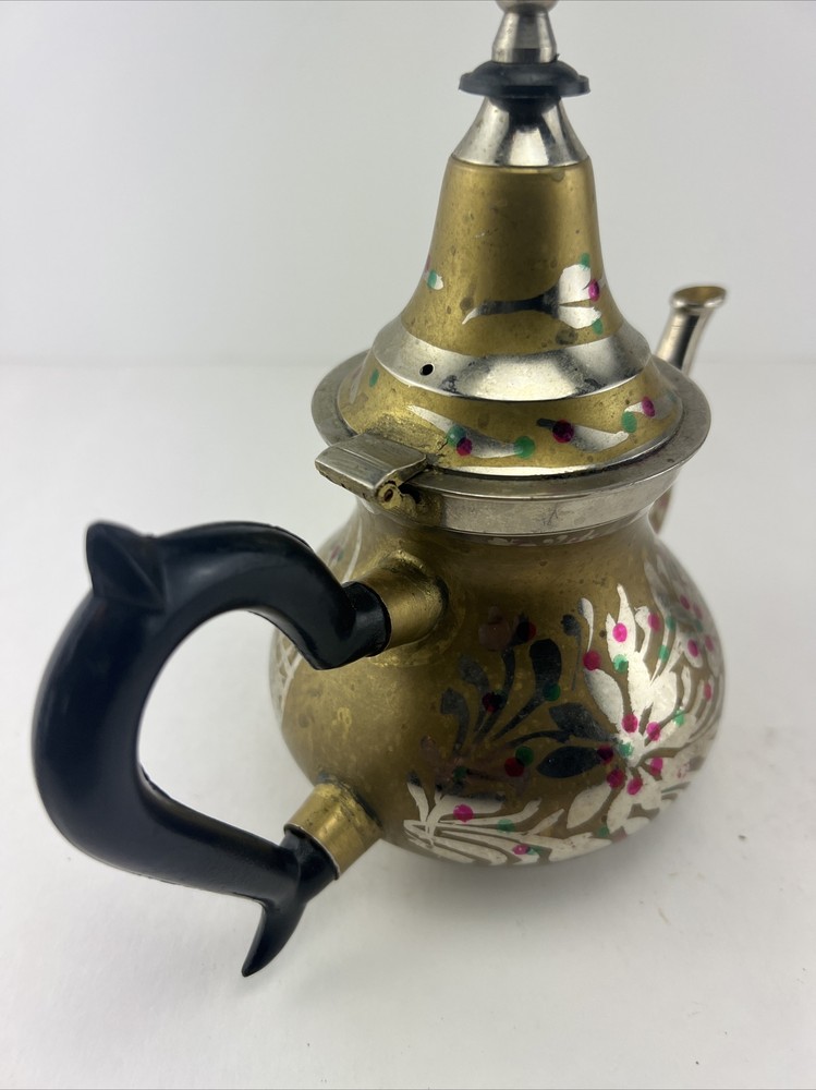 Vintage Ornate Small Middle Eastern Brass & Silver Tea Pot