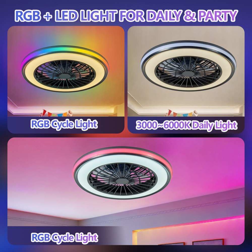 20" Modern LED Ceiling Fan Light, RGB Ceiling Fan Light