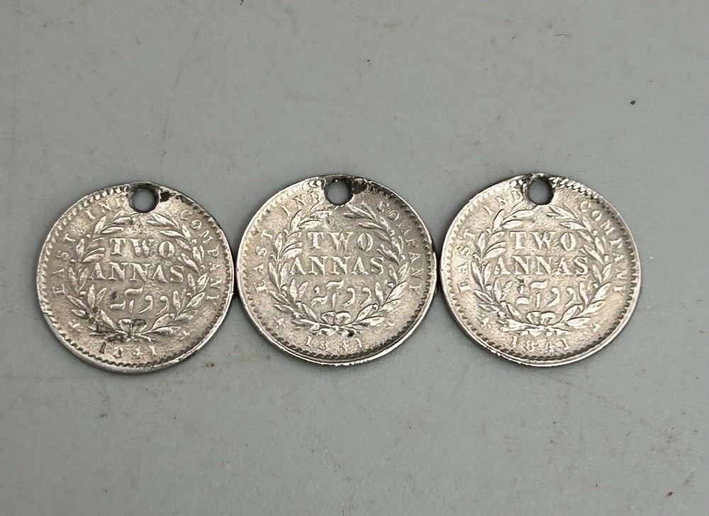 Three 1841 Silver 2 Annas Coins - Drilled