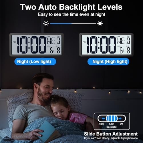 Backlight Digital Wall Clock Battery Operated with Bluetooth Time Sync/No Black