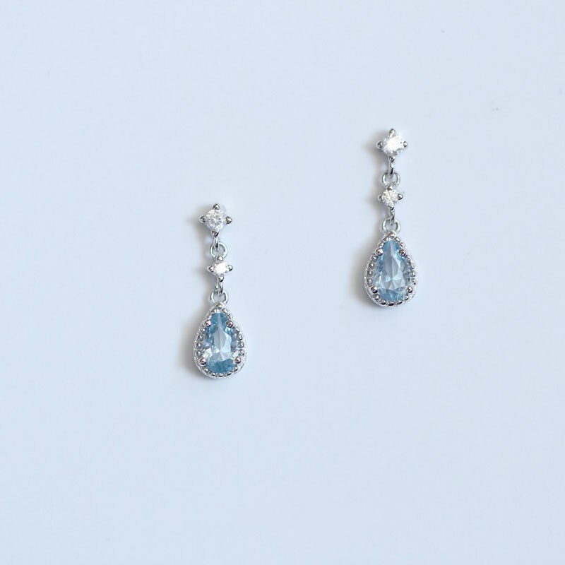 925 Sterling Silver Blue Waterdrop CZ Dangle Drop Stud Earrings Gift TH6