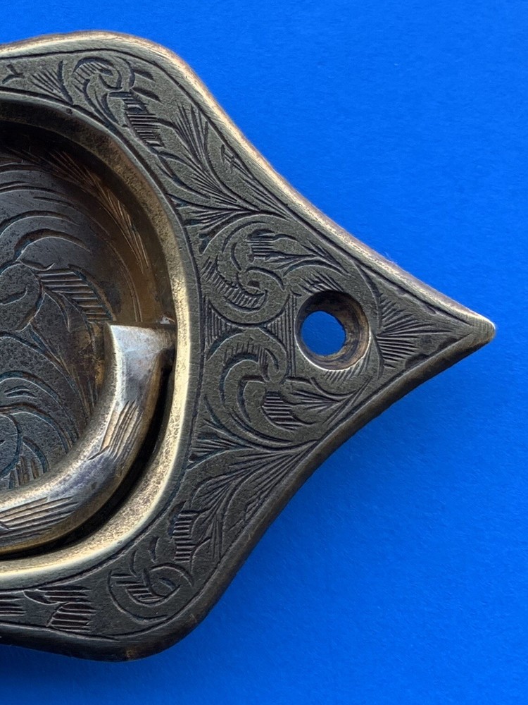 Antique Hardware Brass Engraved Tool Chest Flush Handle Drawer Pull 3.25”Centers