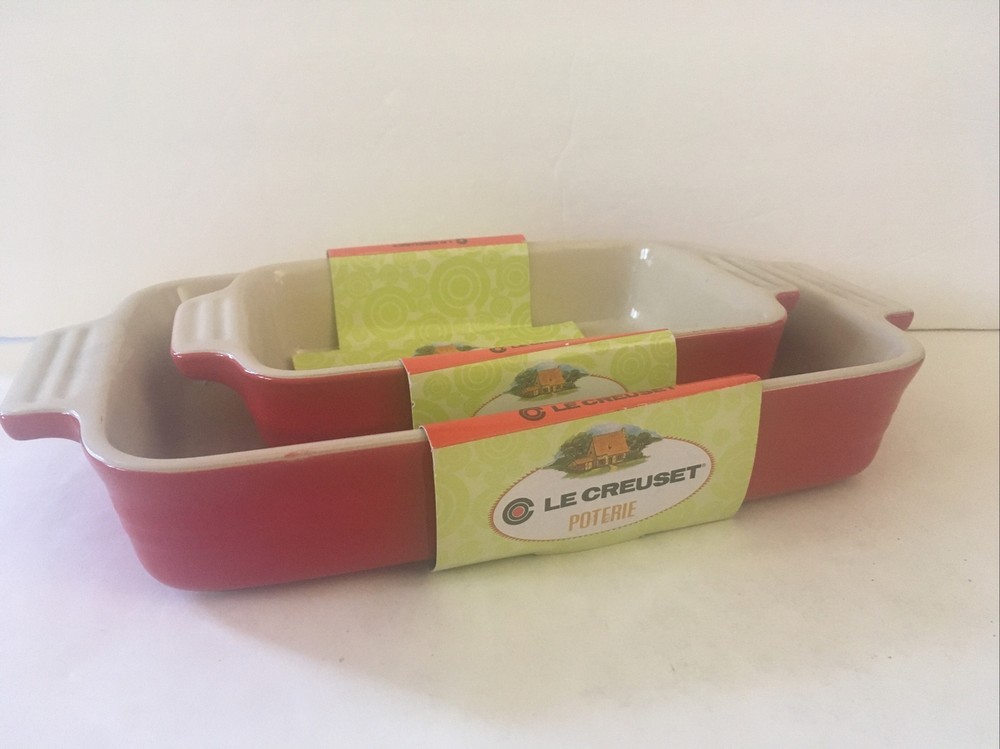 Red Le Creuset Stoneware Bakeware Set~Rectangular Baking Dishes New