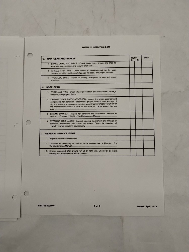 Beechcraft Model Skipper 77 Inspection Guide (12-Sets)-Original